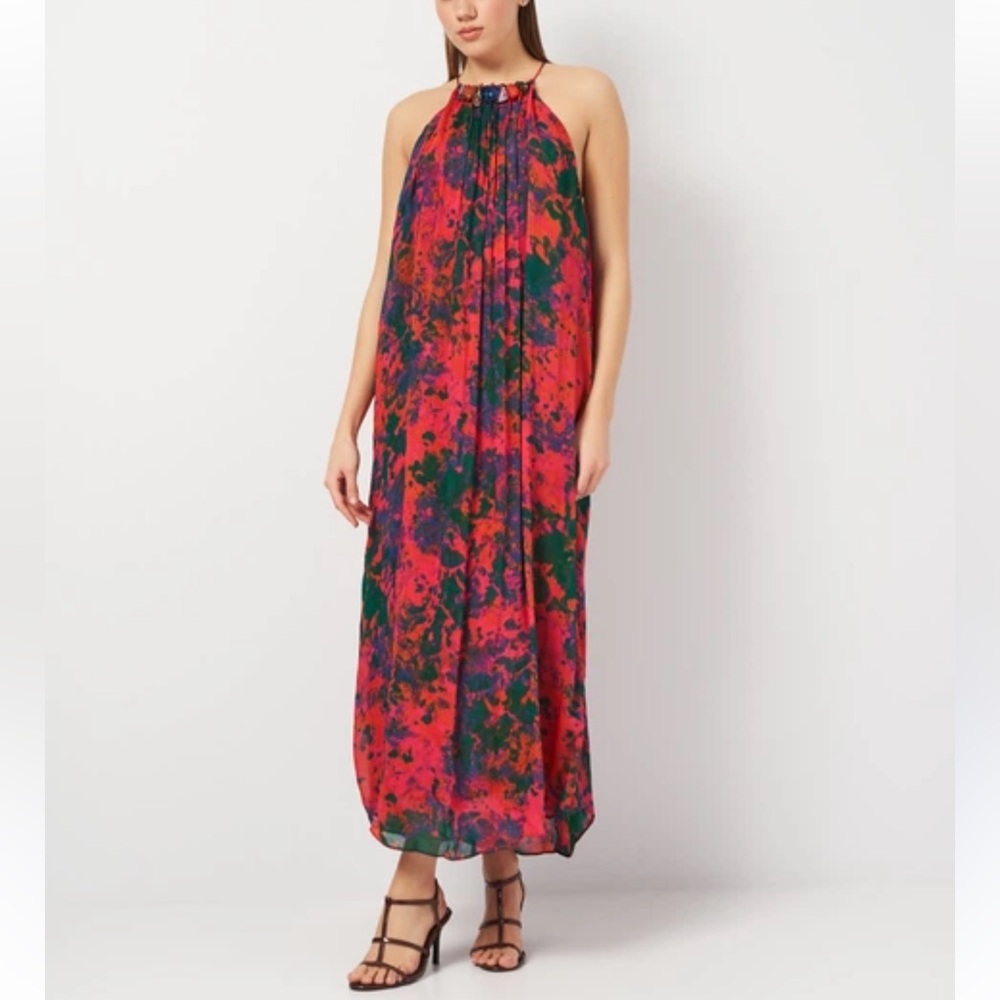 Zara Beaded Neck Halter Pink Multi-Color Midi/Maxi Dress Boho Resort Vacation